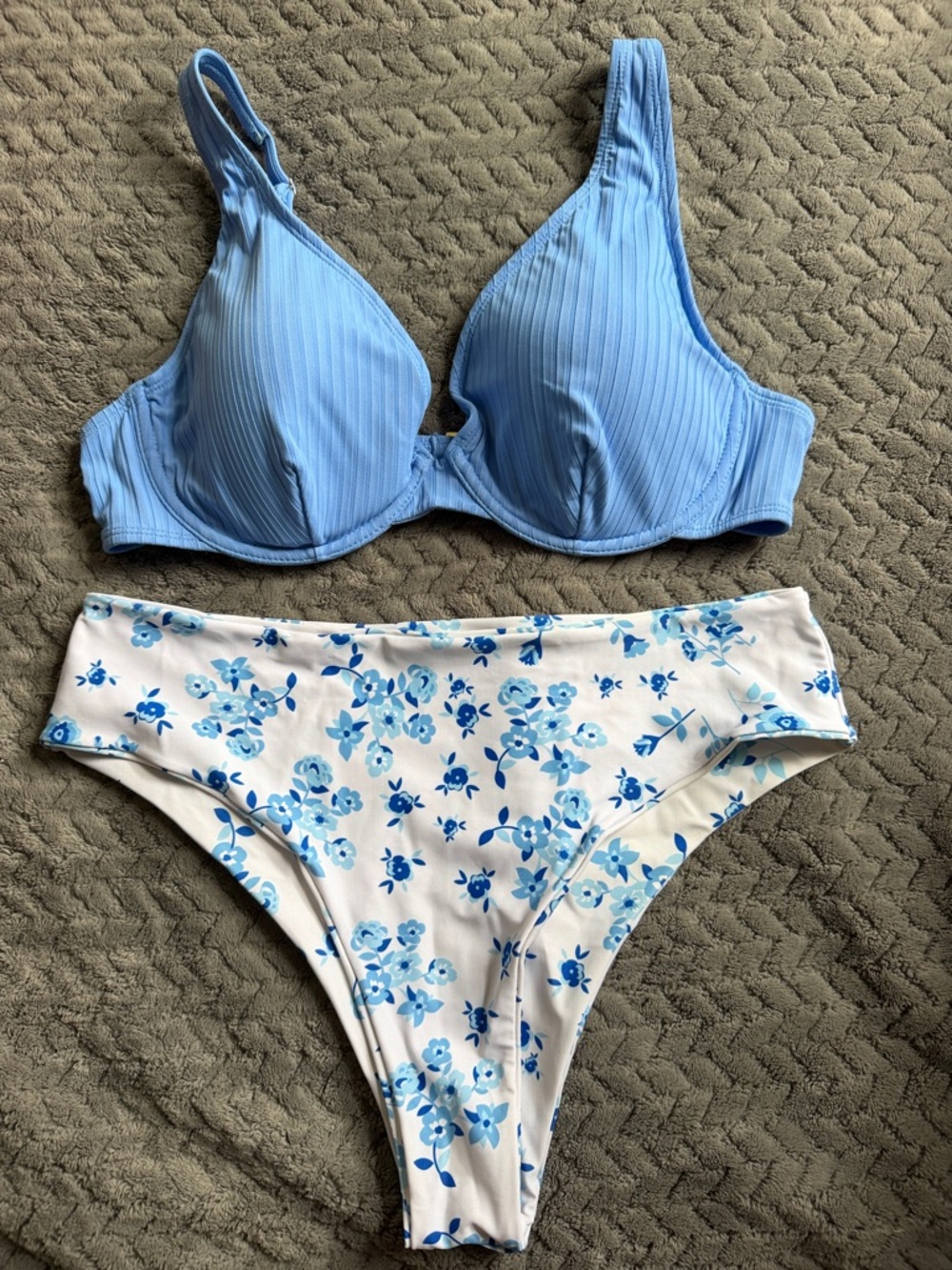 Time and Tru Light Blue Ribbed Bikini Top & Amazon Floral Bikini Bottom